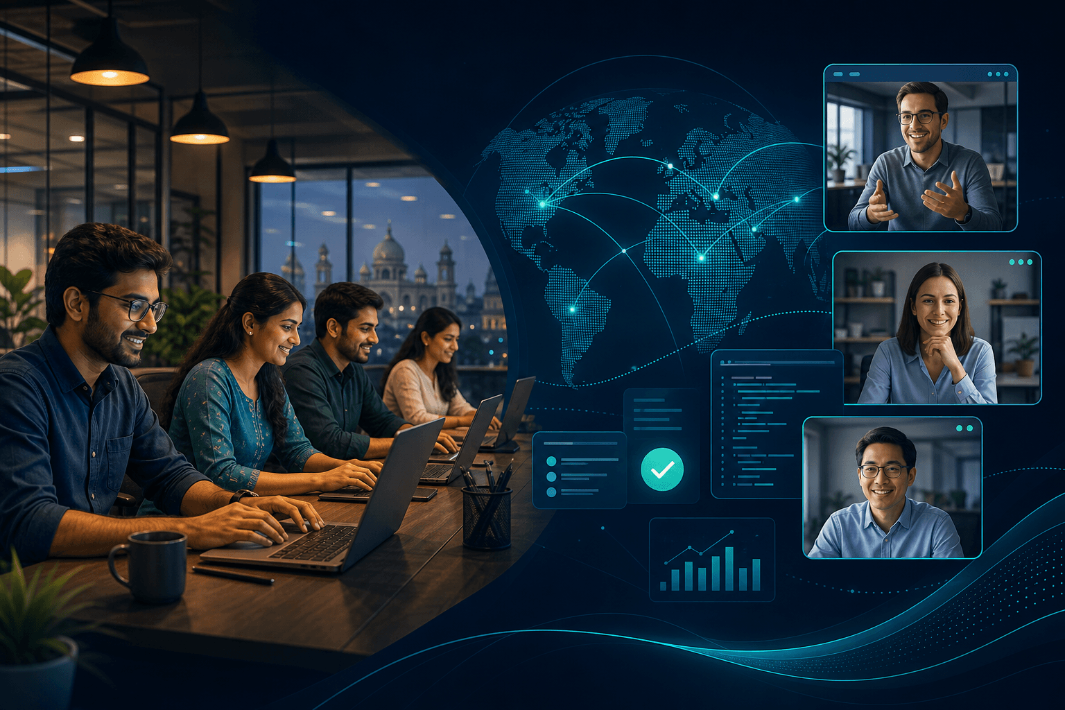 Dedicated offshore team collaborating with global clients via video calls