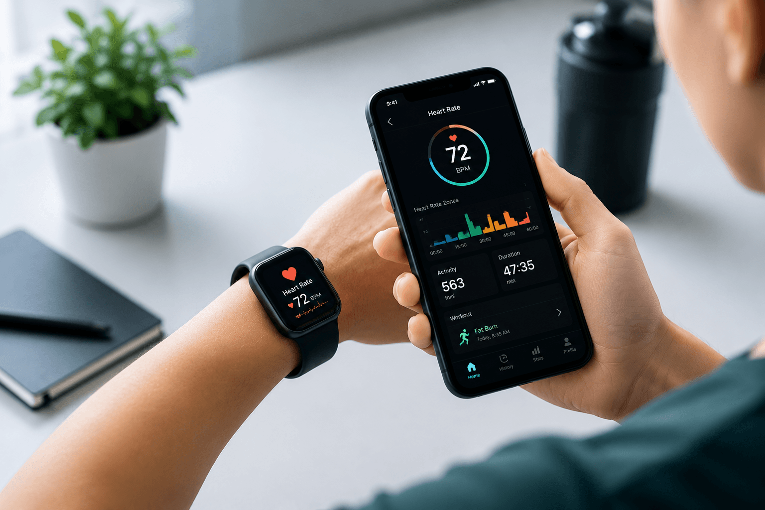 Person checking a smartwatch synced with a companion phone app