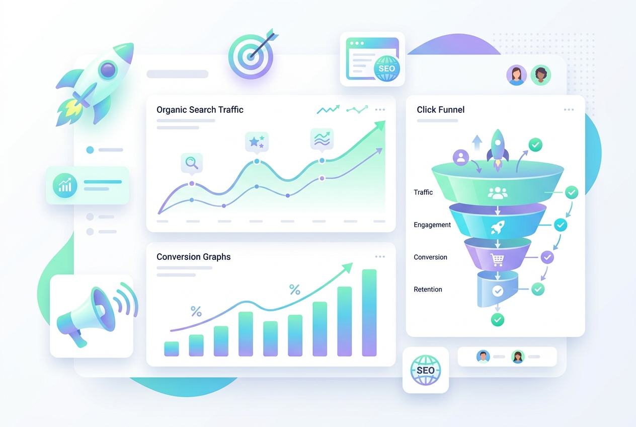Digital marketing analytics showing traffic growth in light mode