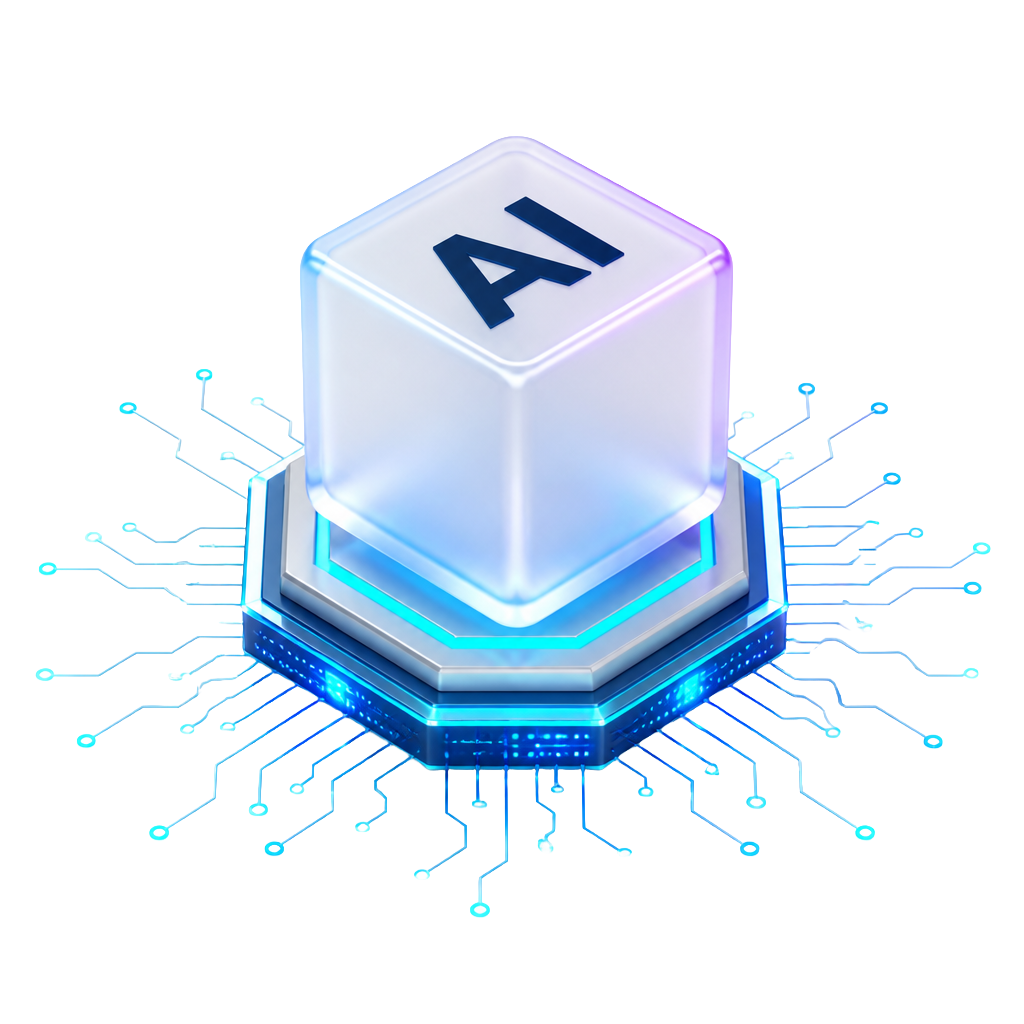 3D AI capability cube on a glowing circuit platform