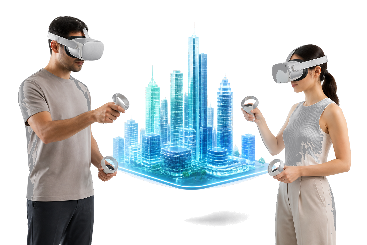 Two people using Meta Quest headsets with a holographic city between them