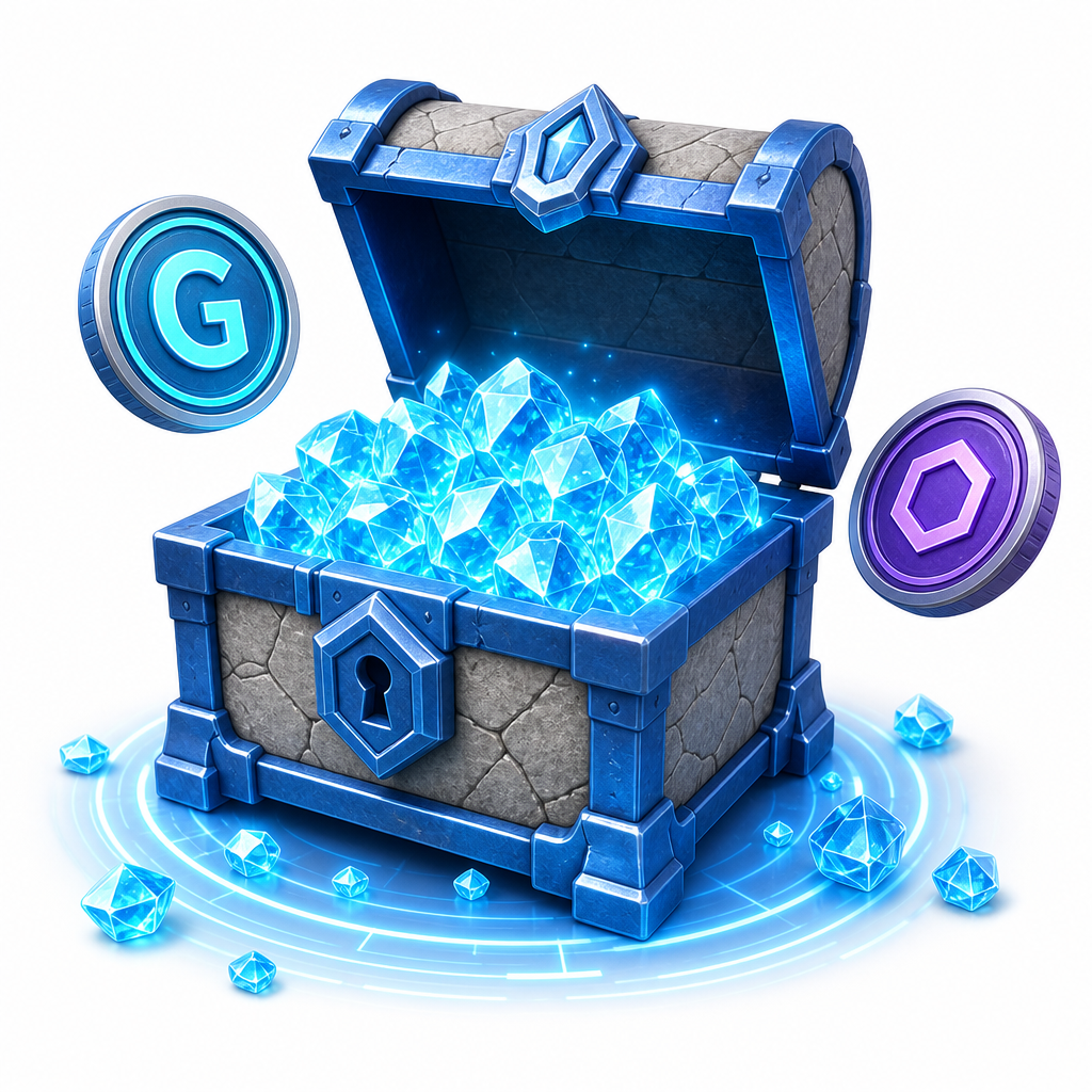 Treasure chest overflowing with glowing game currency crystals