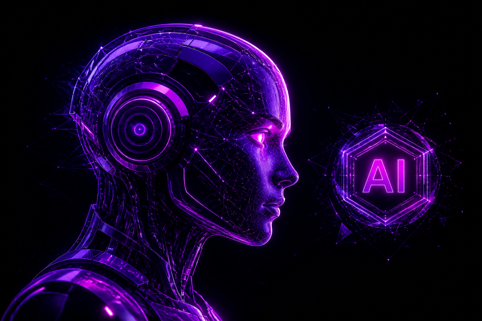 Glowing AI robot head with neural patterns