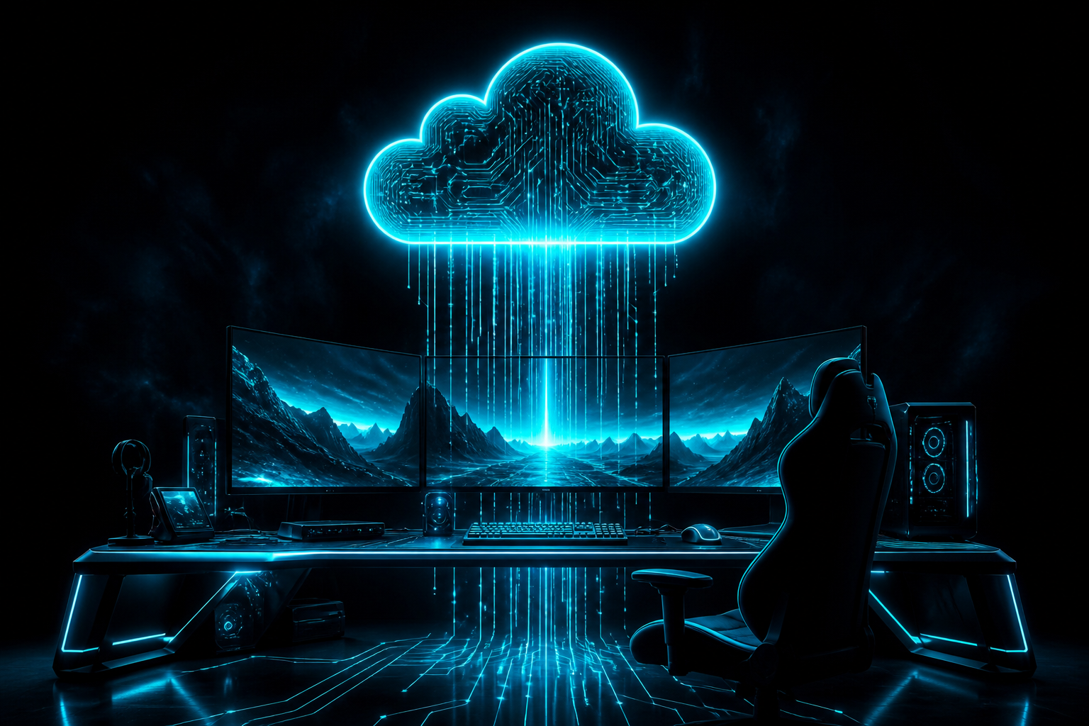 Cloud gaming workstation with neon data streams