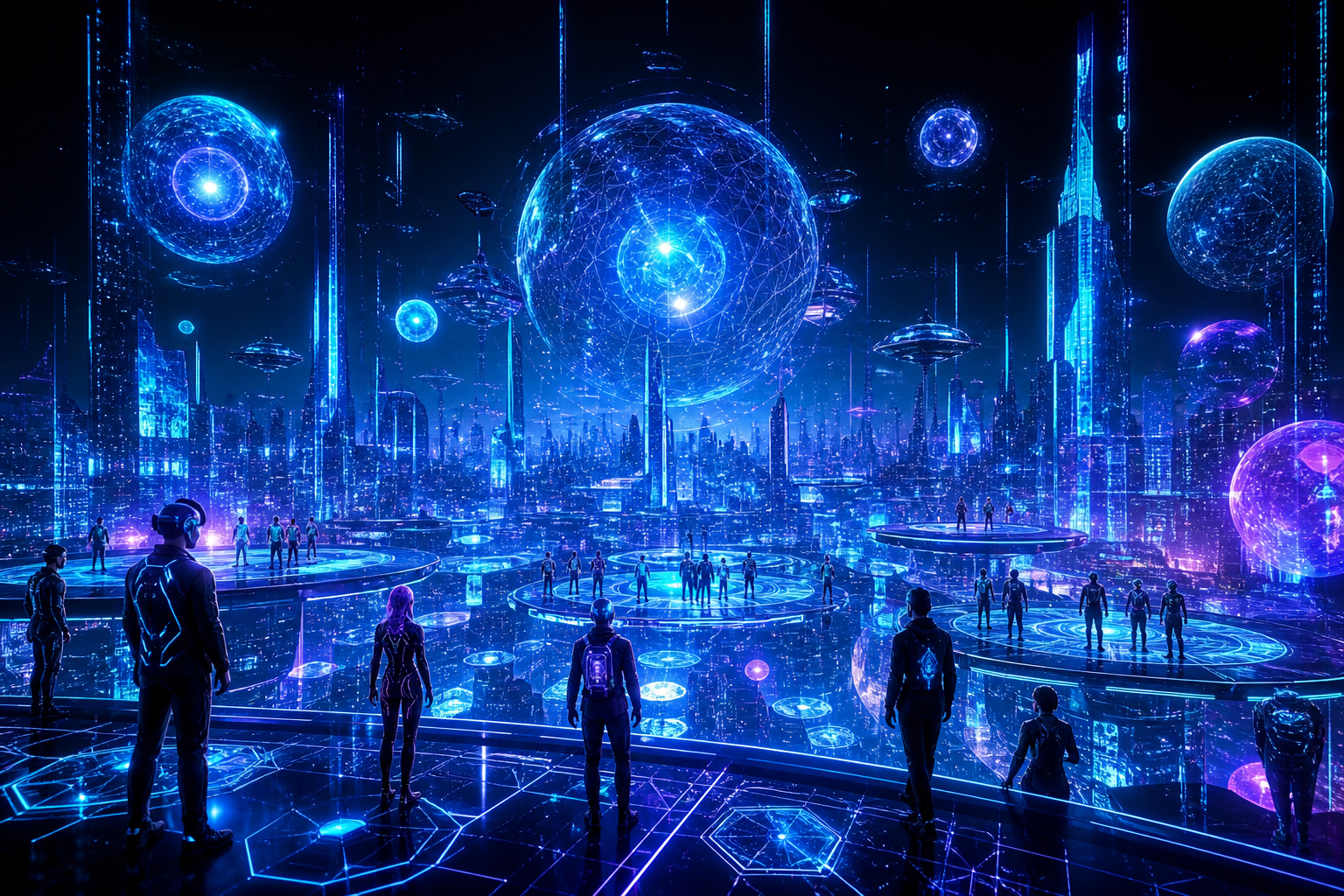 Futuristic metaverse city with glowing spheres