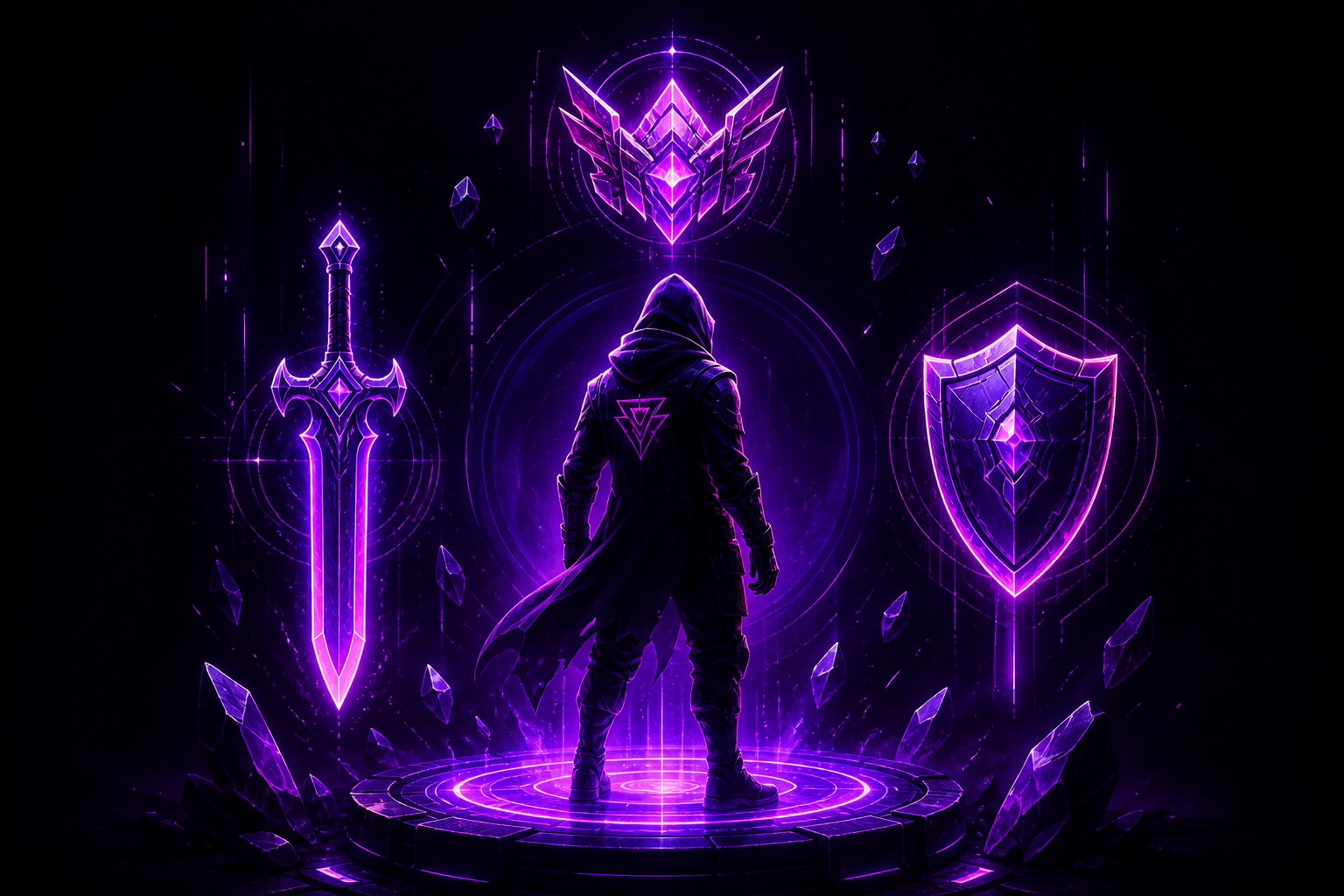 Hooded character with floating digital game assets