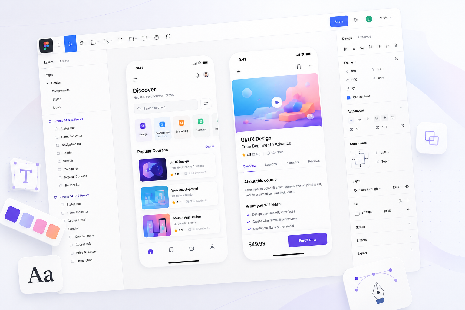 Professional UI UX design workspace featuring mobile app interfaces, wireframes, color palettes and design tools