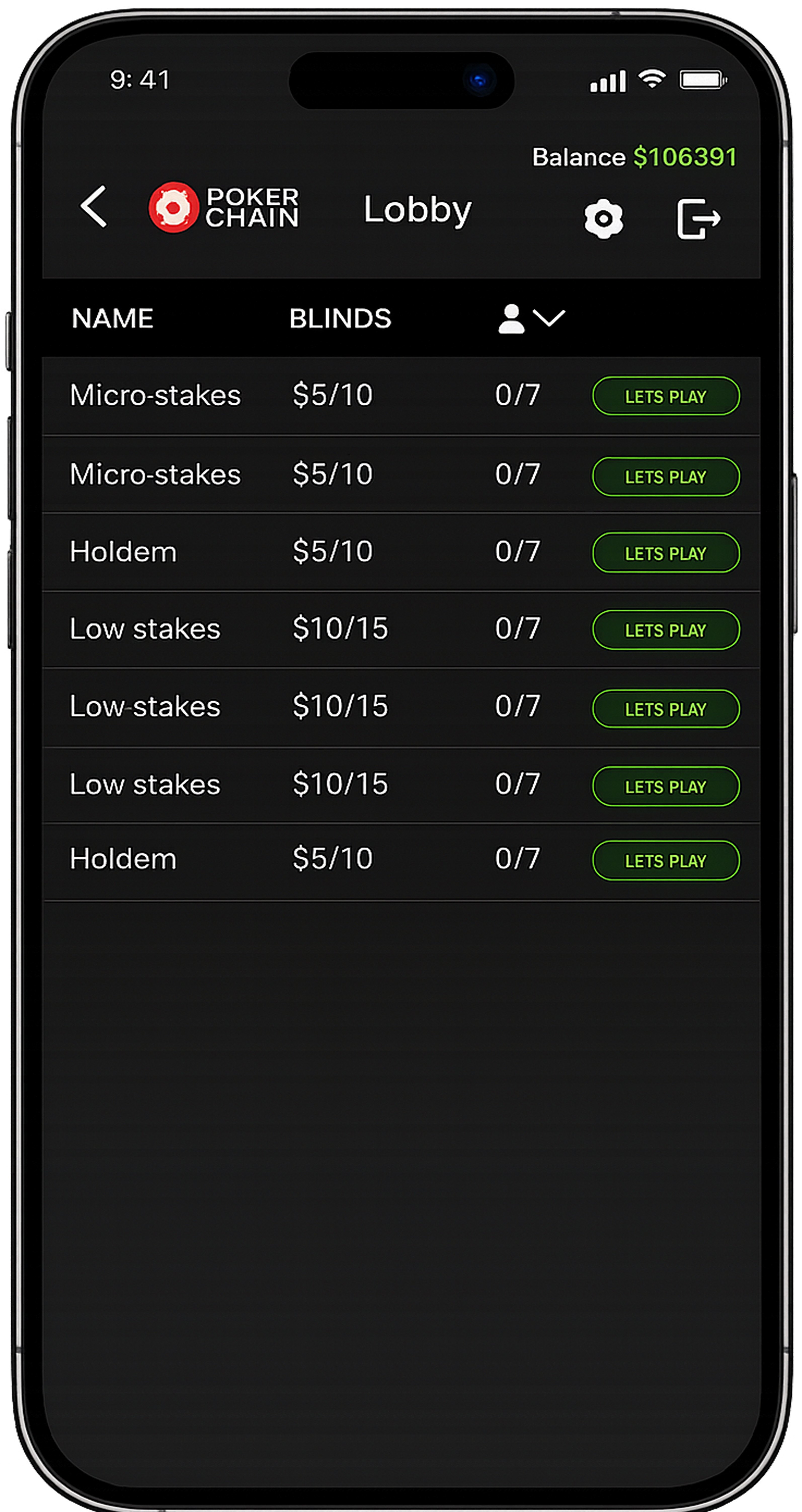 Poker Chain lobby screen